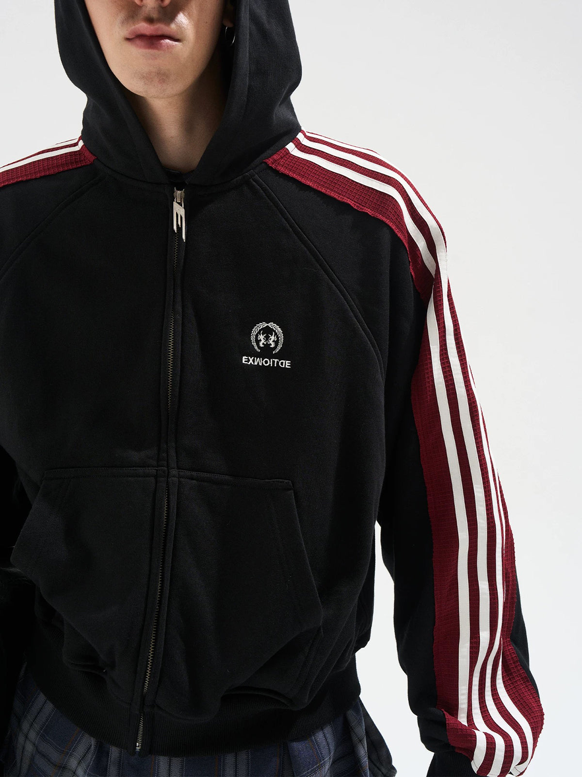 Co-ed Dorm Baggy Striped Zip-up Hoodie - Black