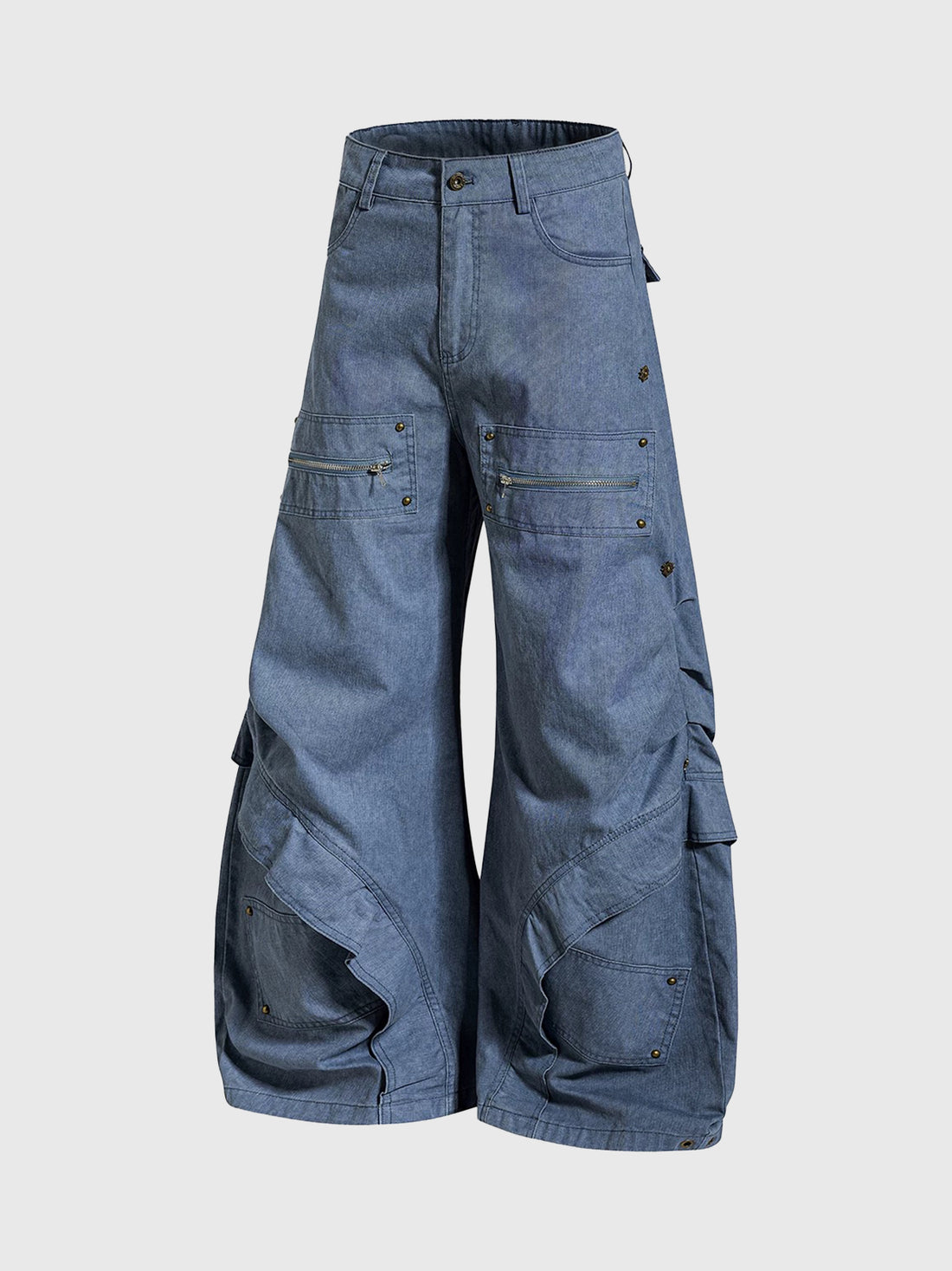 Brick Lane Curved Cut Multi-pocket Washed Jeans - Blue