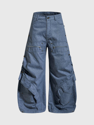 Brick Lane Curved Cut Multi-pocket Washed Jeans - Blue