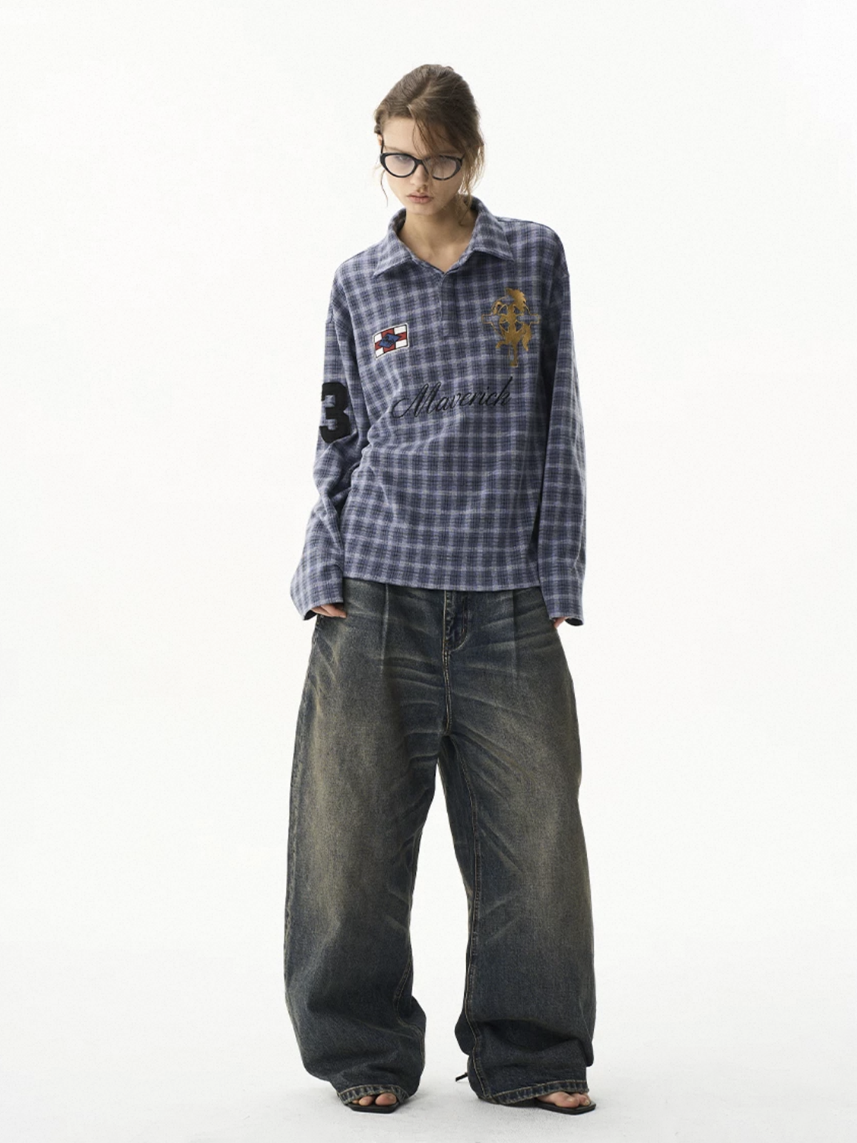 Co-ed Dorm Baggy Plaid Long Sleeve Shirt - Blue