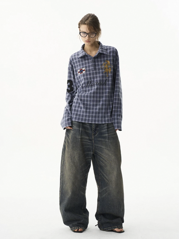 Co-ed Dorm Baggy Plaid Long Sleeve Shirt - Blue