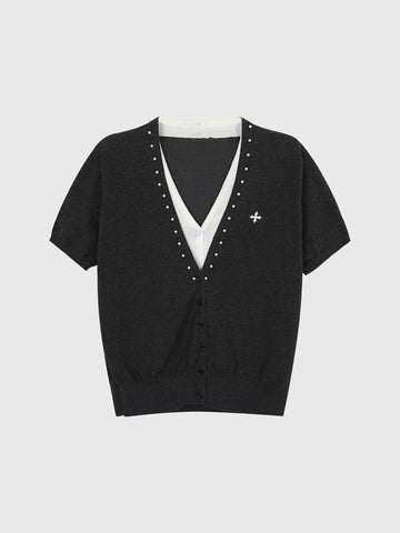 Dolled Office Layered-look V-neck Knit Polo - Black