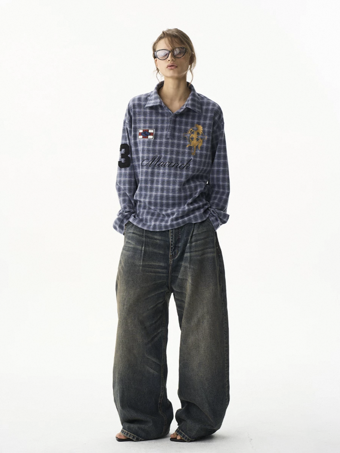 Co-ed Dorm Baggy Plaid Long Sleeve Shirt - Blue