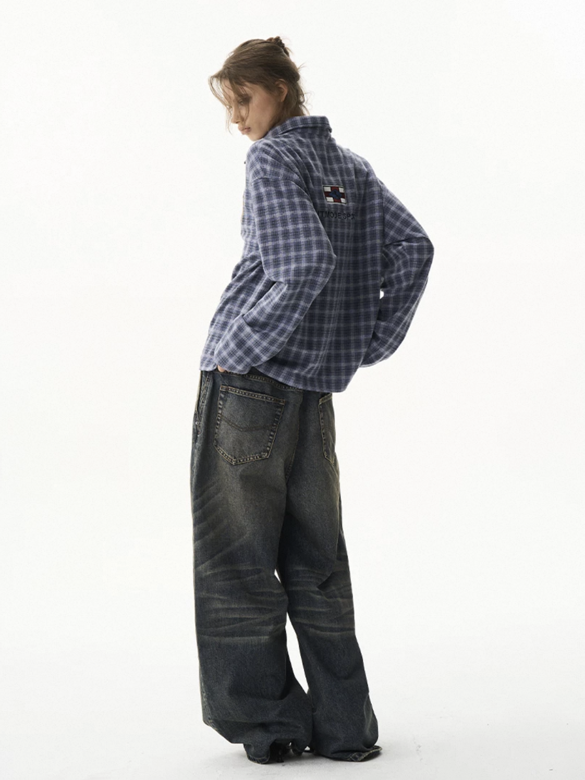 Co-ed Dorm Baggy Plaid Long Sleeve Shirt - Blue