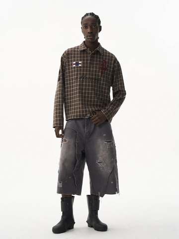 Co-ed Dorm Baggy Plaid Long Sleeve Shirt - Brown