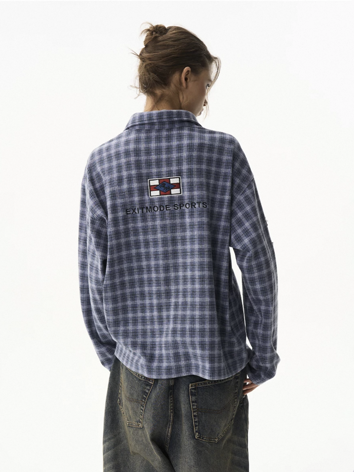 Co-ed Dorm Baggy Plaid Long Sleeve Shirt - Blue