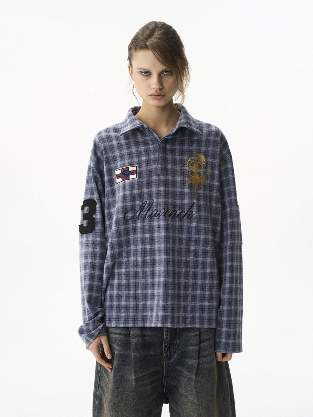 Co-ed Dorm Baggy Plaid Long Sleeve Shirt - Blue