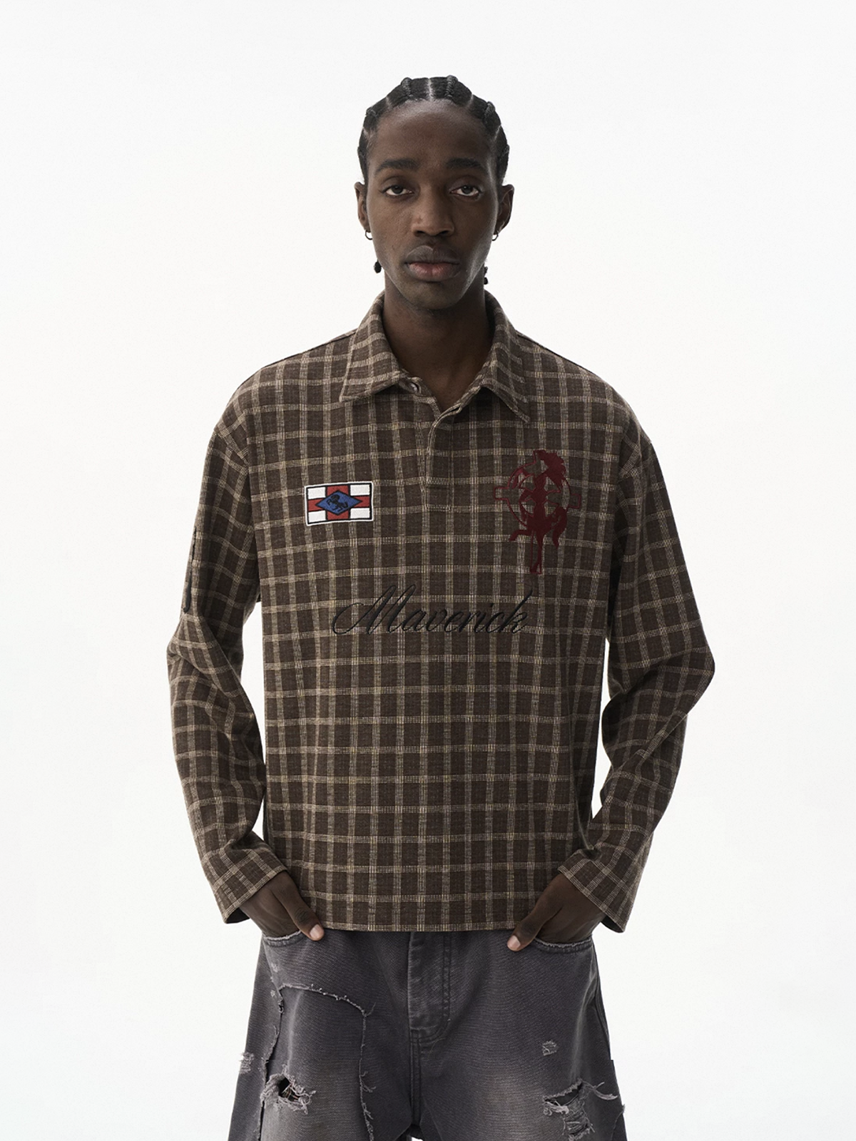 Co-ed Dorm Baggy Plaid Long Sleeve Shirt - Brown