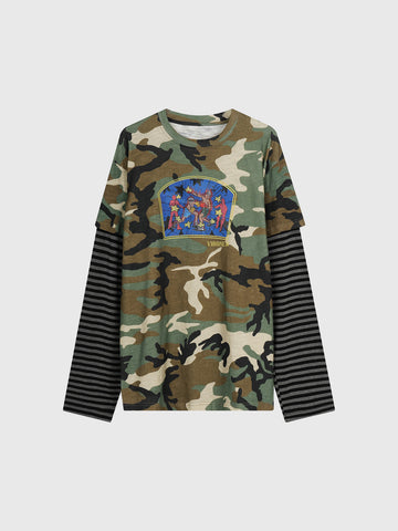 Co-ed Dorm Layered-Look Camouflage Striped Graphic Sweatshirt - Green