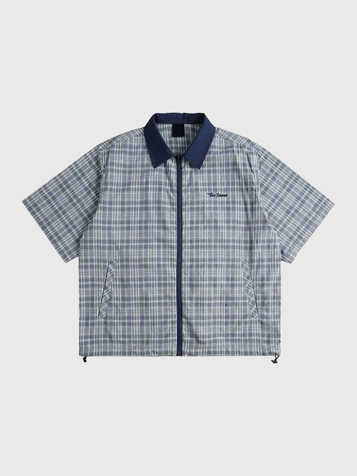 Co-ed Dorm Baggy Check Plaid Zip-up Shirt - Blue/Grey