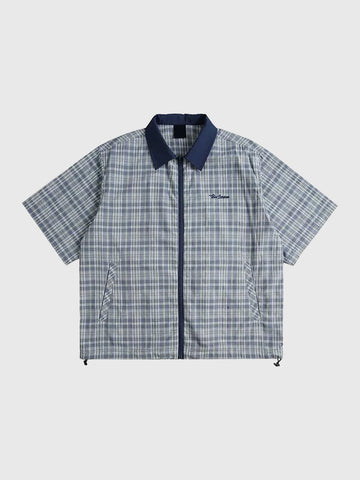 Co-ed Dorm Baggy Check Plaid Zip-up Shirt - Blue/Grey