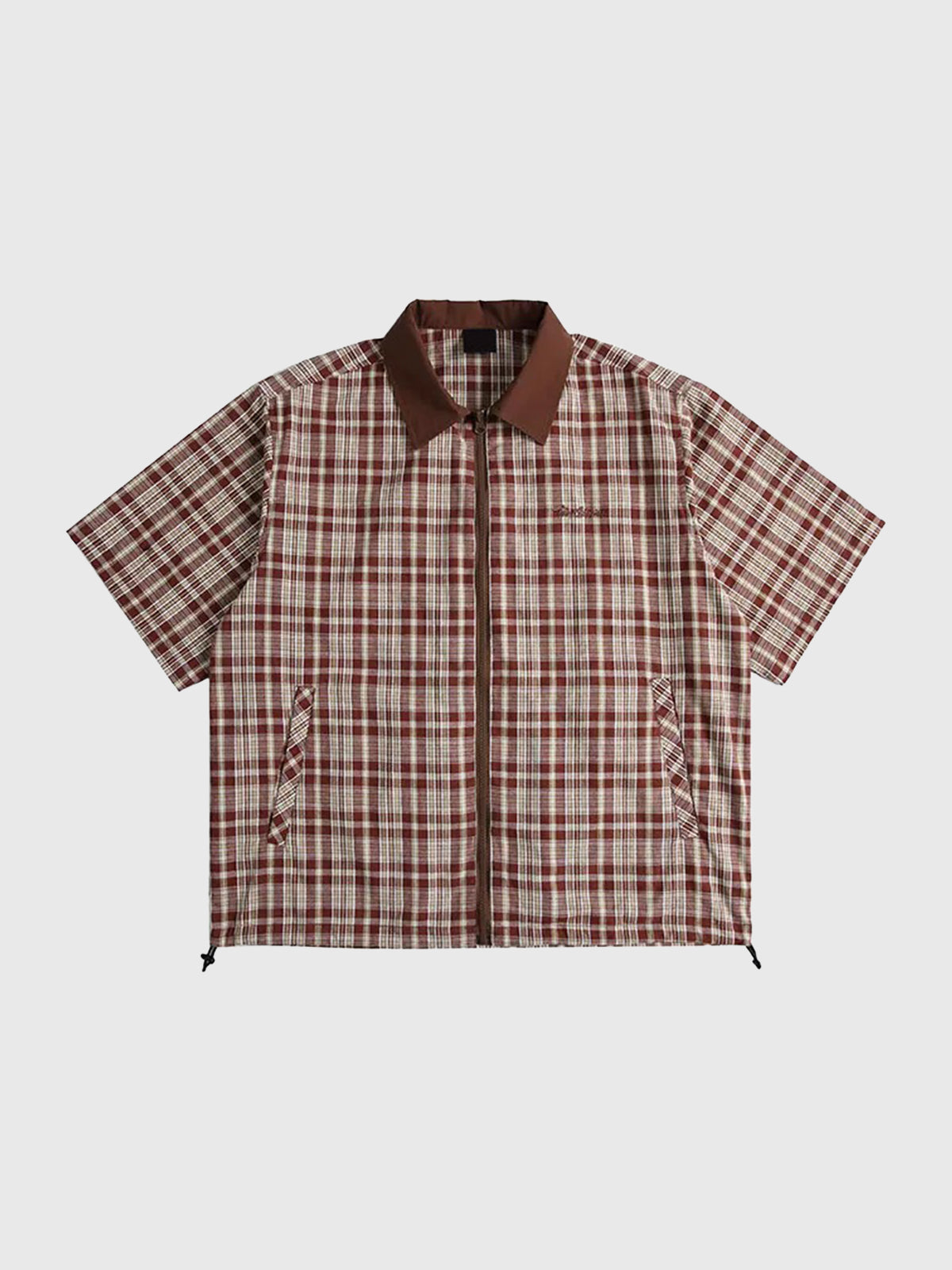Co-ed Dorm Baggy Check Plaid Zip-up Shirt - Red/Brown