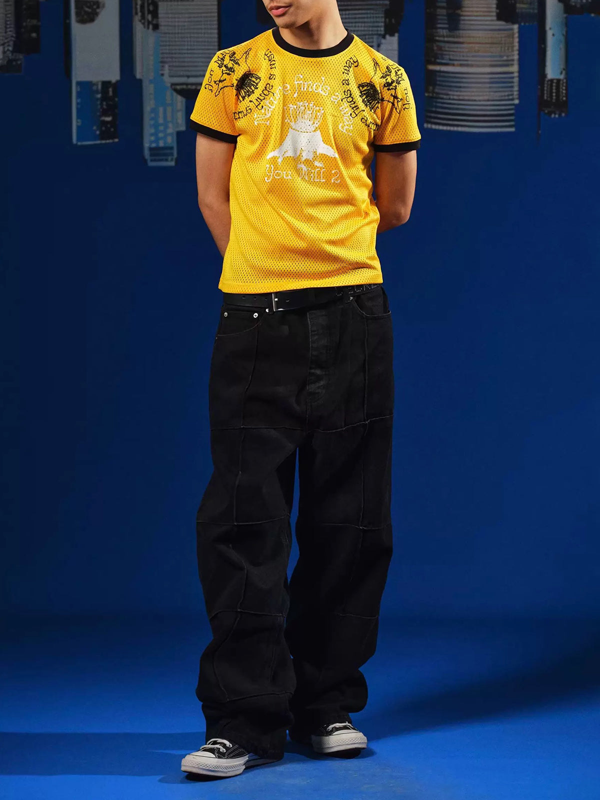 Co-ed Dorm Baggy Stripe Jersey Totem Graphic - Yellow