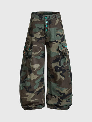 Brick Lane Curved Cut Camouflage Contrast Utility Pants - Camo