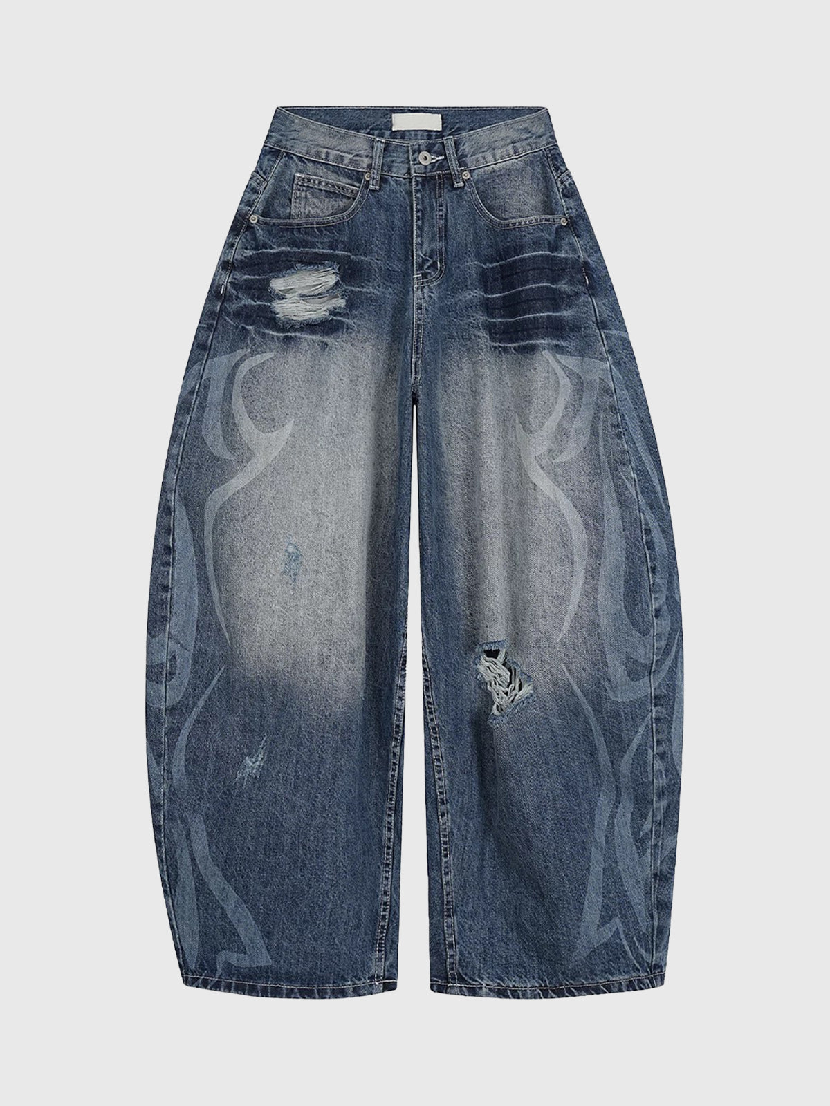 Brick Lane Curved Cut Distressed Washed Print Jeans - Blue