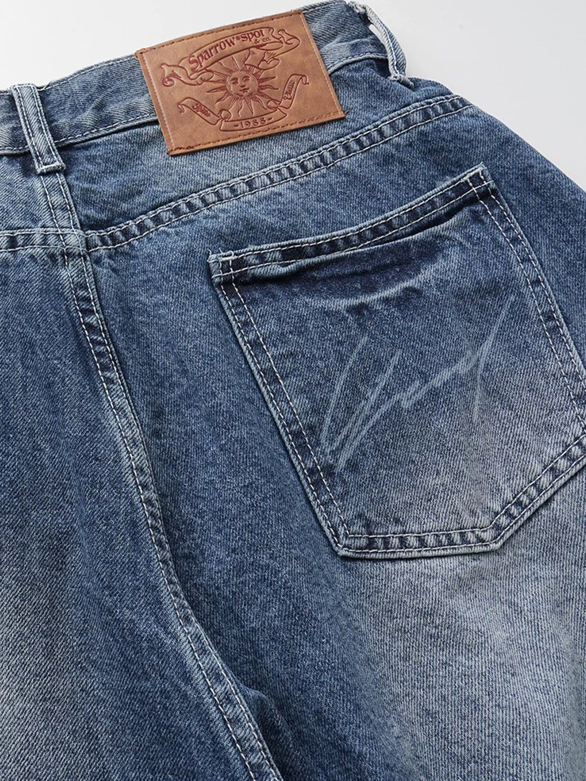 Brick Lane Curved Cut Distressed Washed Print Jeans - Blue