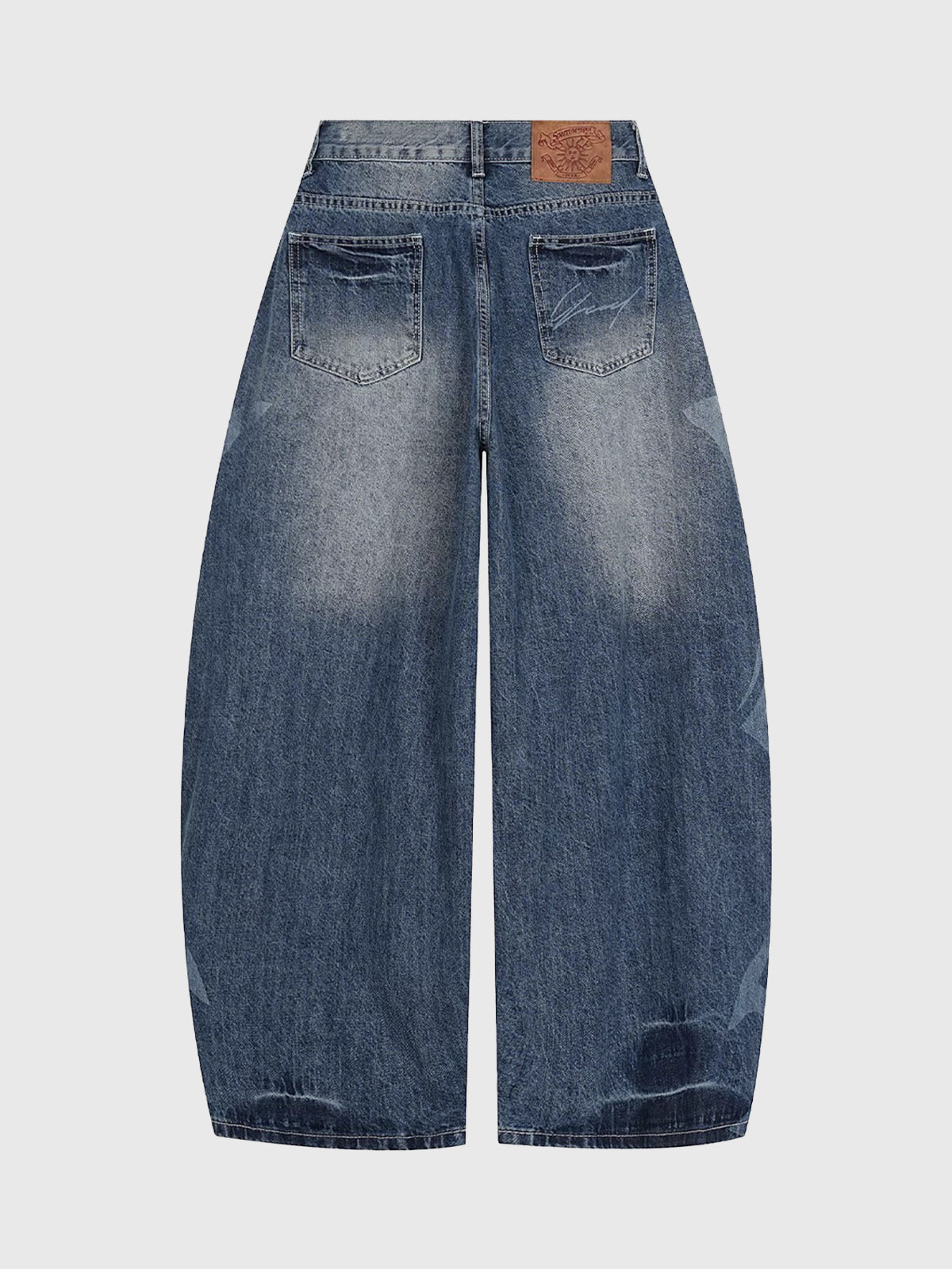 Brick Lane Curved Cut Distressed Washed Print Jeans - Blue