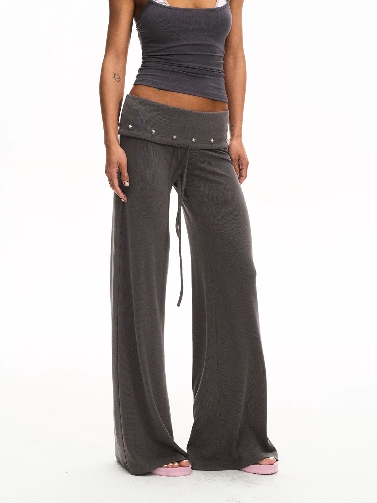 Brick Lane Wide-leg Folded Waistband Relaxed Pants - Charcoal