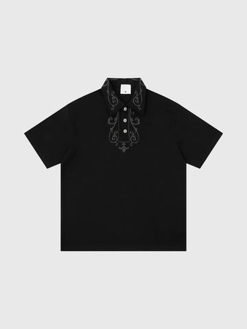 Co-ed Dorm Baggy Lace-up Embroidered Polo - Black