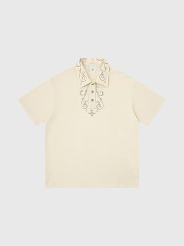 Co-ed Dorm Baggy Lace-up Embroidered Polo - Apricot