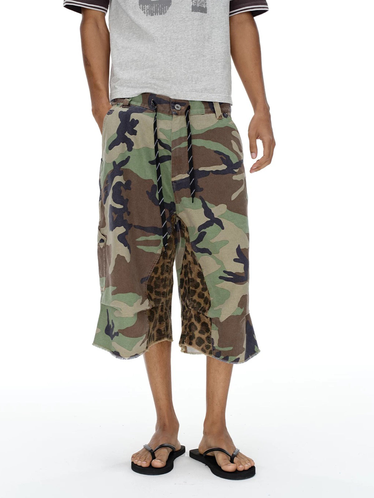 Brick Lane Wide-leg Leopard Camouflage Patchwork Jorts - Camo
