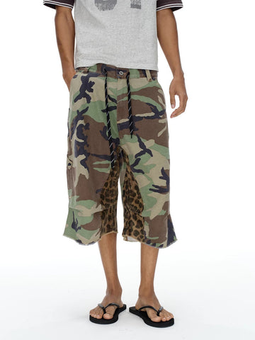 Brick Lane Wide-leg Leopard Camouflage Patchwork Jorts - Camo