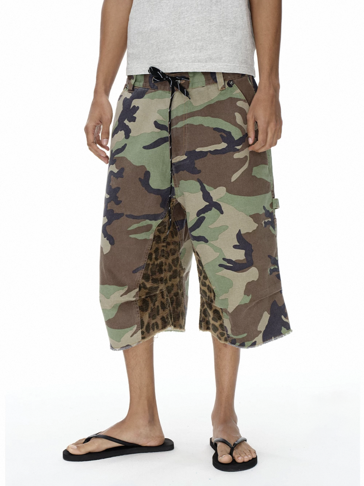 Brick Lane Wide-leg Leopard Camouflage Patchwork Jorts - Camo