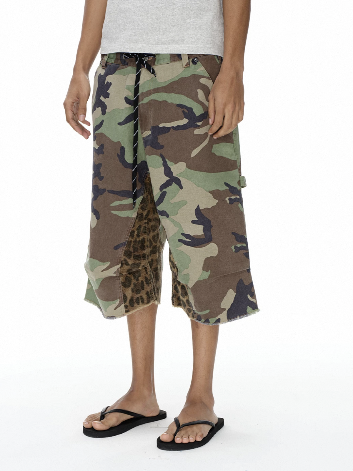 Brick Lane Wide-leg Leopard Camouflage Patchwork Jorts - Camo