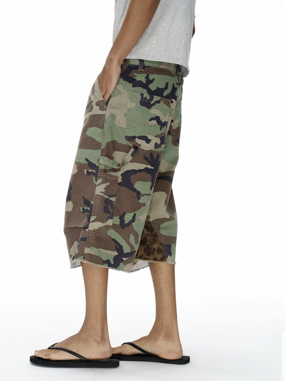 Brick Lane Wide-leg Leopard Camouflage Patchwork Jorts - Camo