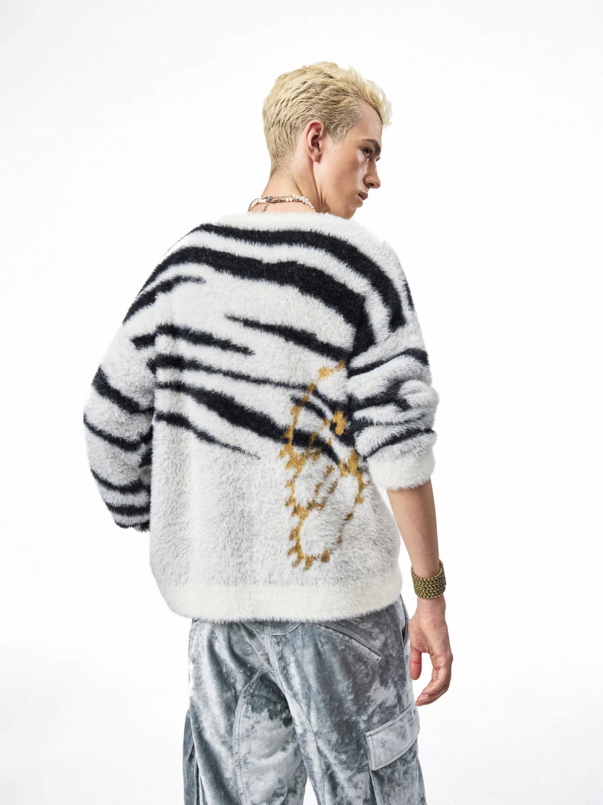 Co-ed Dorm Baggy Distressed Striped Knit Sweater - White