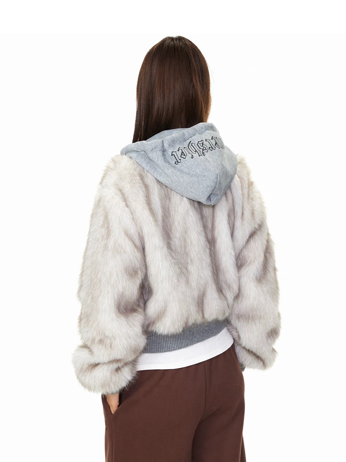 Co-ed Dorm Baggy Plush Hooded Bomber Jacket - Grey