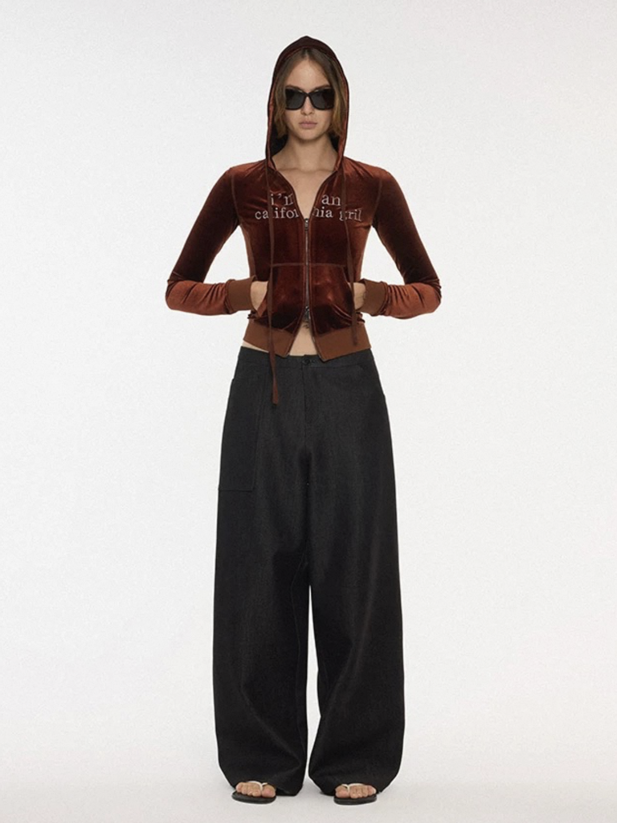 Co-ed Dorm Skimming Velour Cropped Zip-up Hoodie - Brown