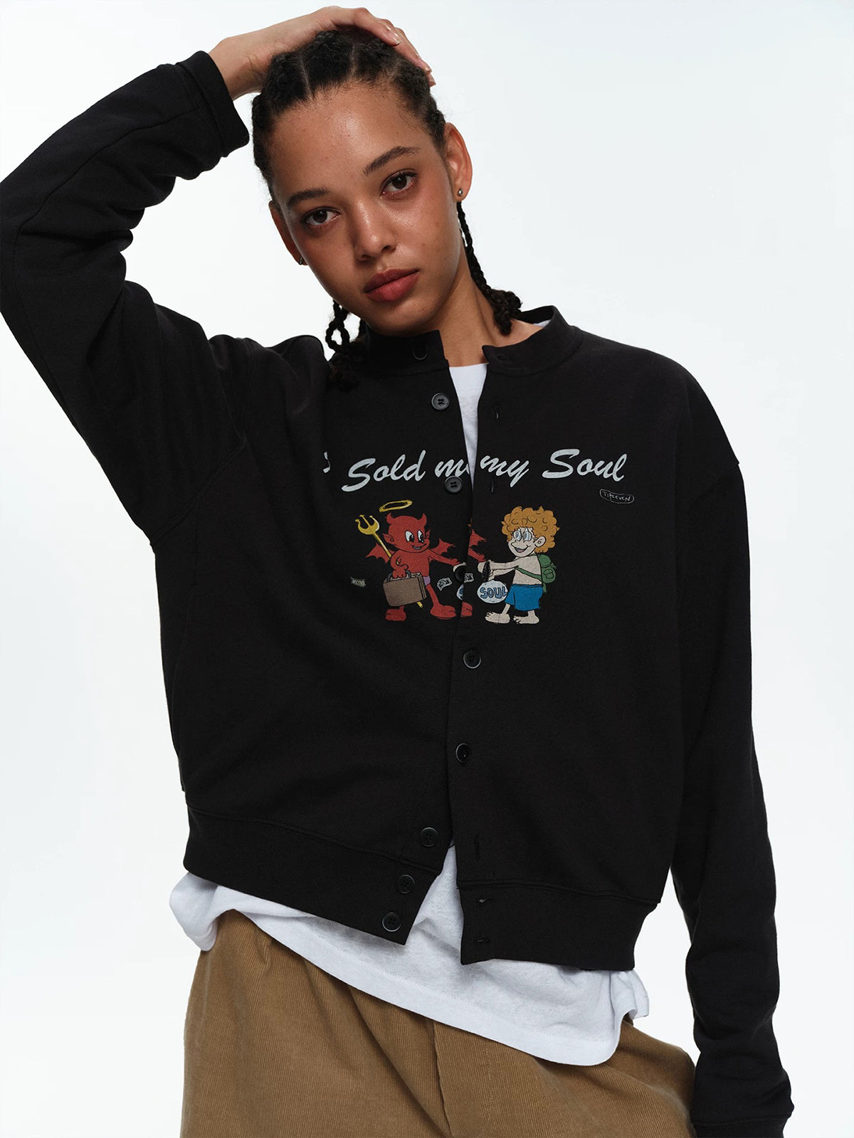 Co-ed Dorm Baggy Graphic Print Snap Jacket - Black