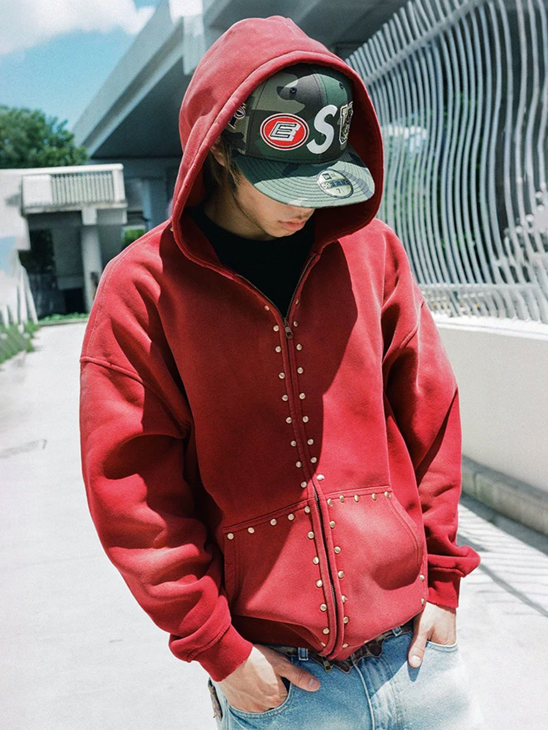 Co-ed Dorm Baggy Studded Washed Zip-up Hoodie - Red