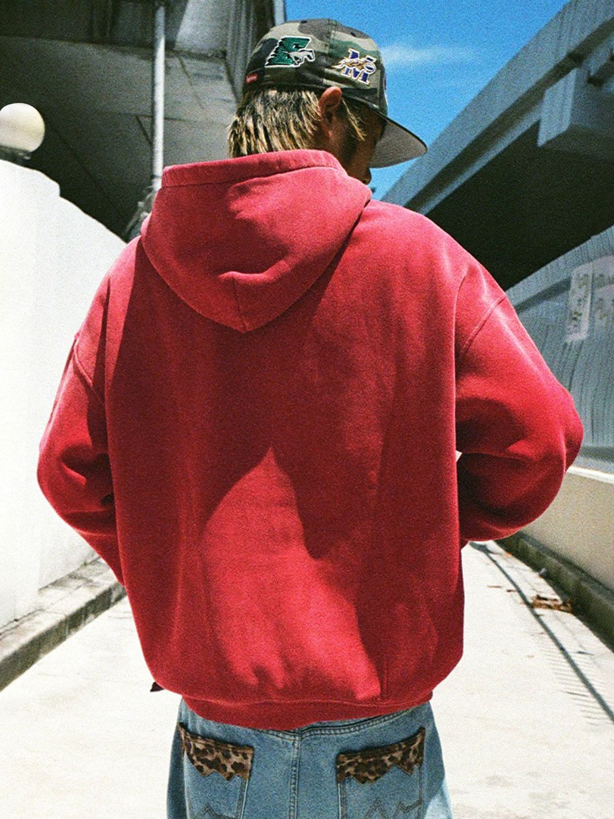 Co-ed Dorm Baggy Studded Washed Zip-up Hoodie - Red