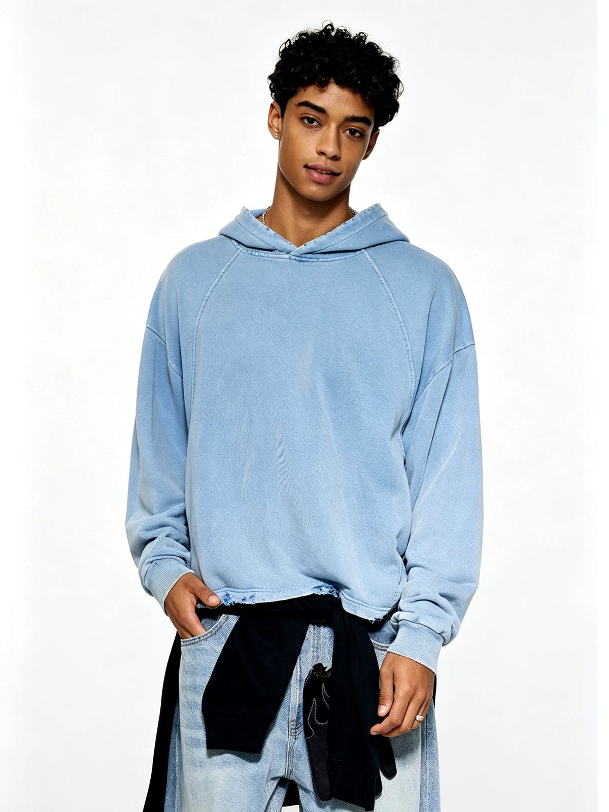 Co-ed Dorm Baggy Washed Knit Pullover Hoodie - Blue