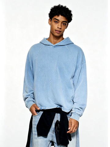 Co-ed Dorm Baggy Washed Knit Pullover Hoodie - Blue