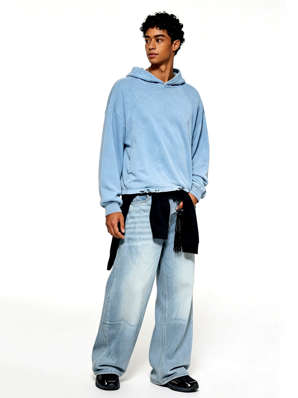 Co-ed Dorm Baggy Washed Knit Pullover Hoodie - Blue
