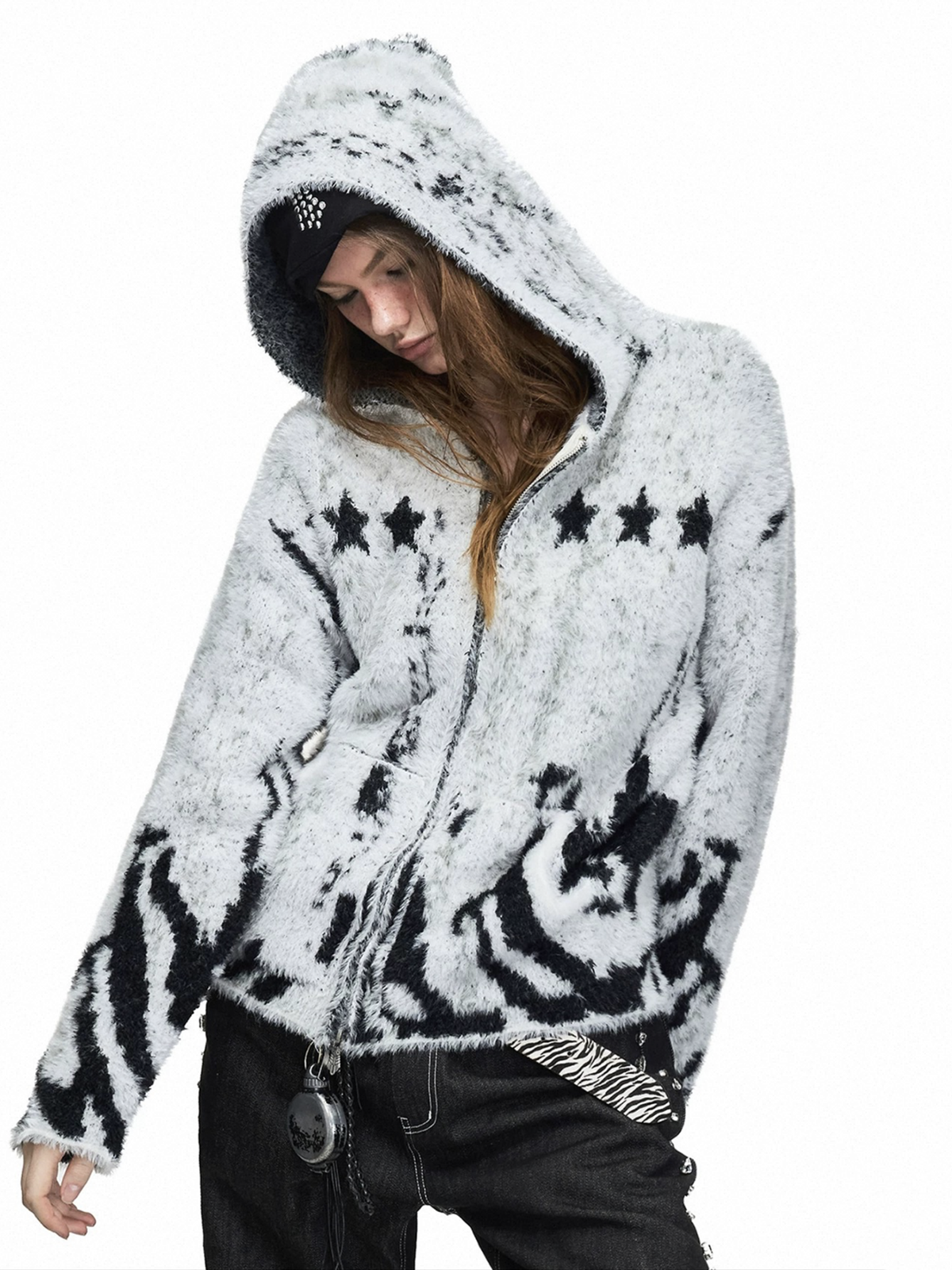 Co-ed Dorm Baggy Star Pattern Knit Zip-up Hoodie - Grey