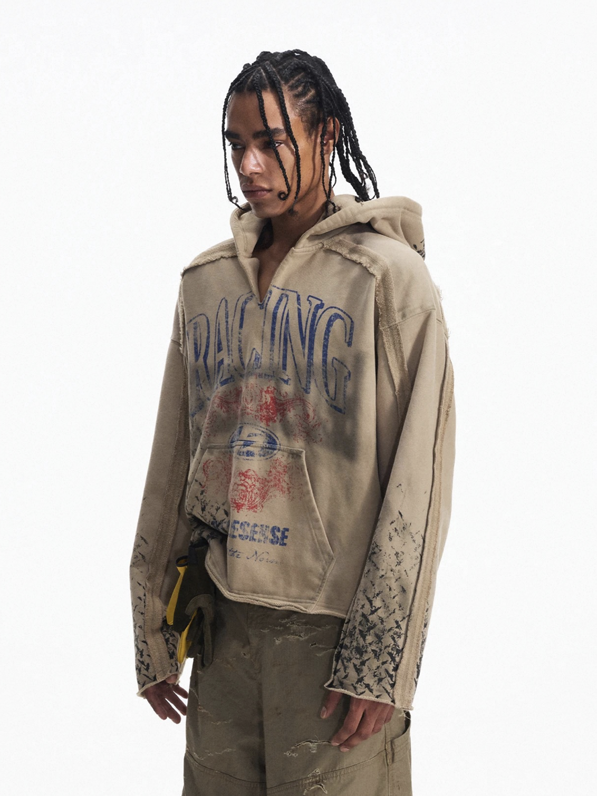 Co-ed Dorm Baggy Distressed Graphic Hoodie - Brown