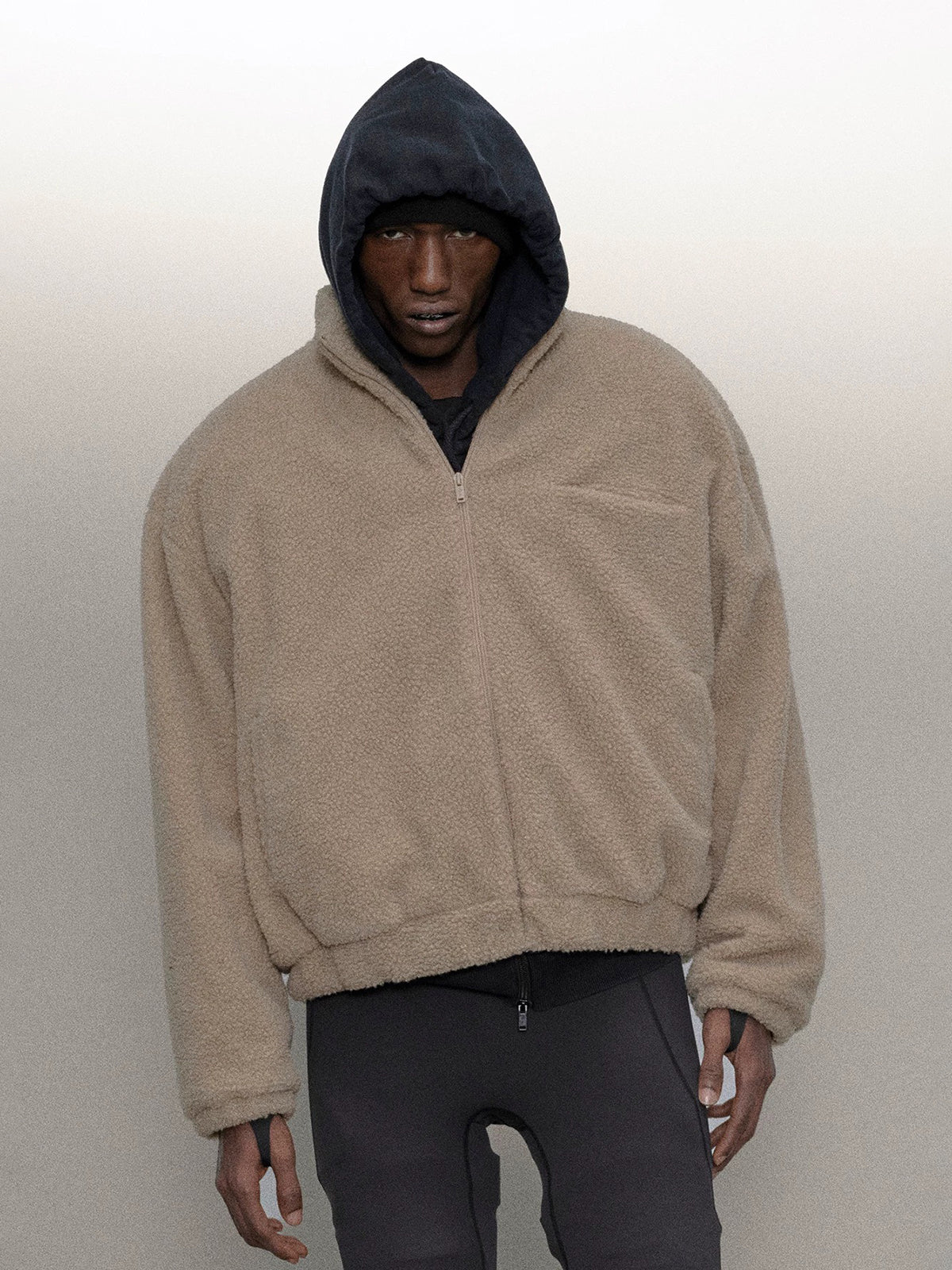 Co-ed Dorm Baggy Fleece Stand-Collar Jacket - Beige