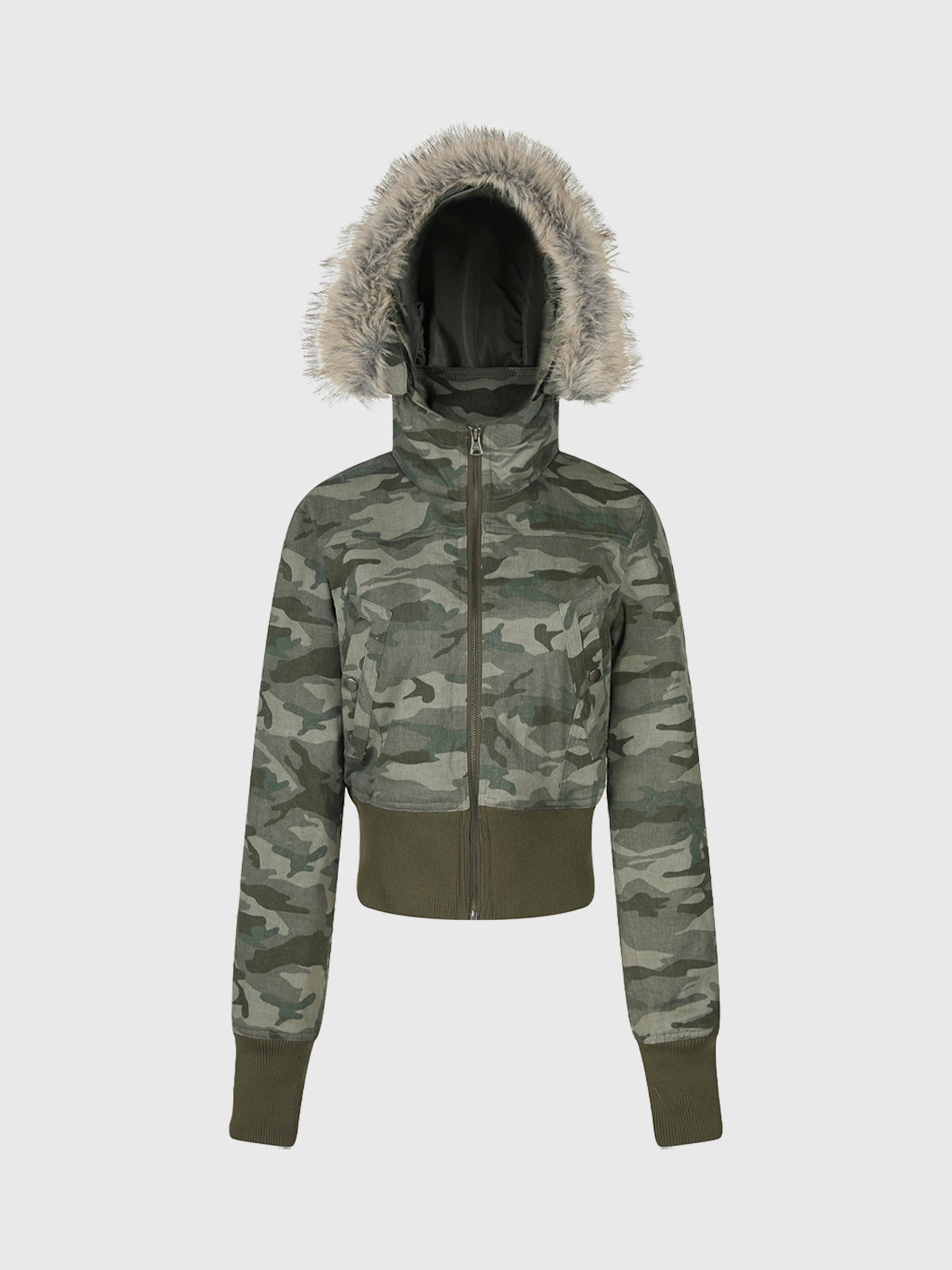 Co-ed Dorm Skimming Camouflage Faux-Fur Hooded Coat - Green
