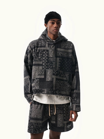 Co-ed Dorm Baggy Paisley Printed Zip-up Hoodie - Black