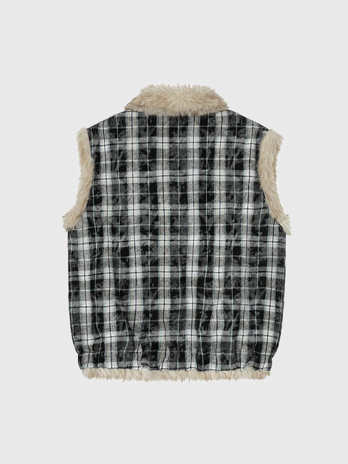 Co-ed Dorm Baggy Plaid Fleece-Trimmed Vest Tank Top - Black