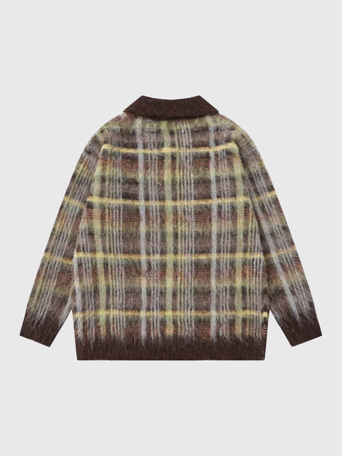 Co-ed Dorm Baggy Plaid Knit Polo Sweater - Brown