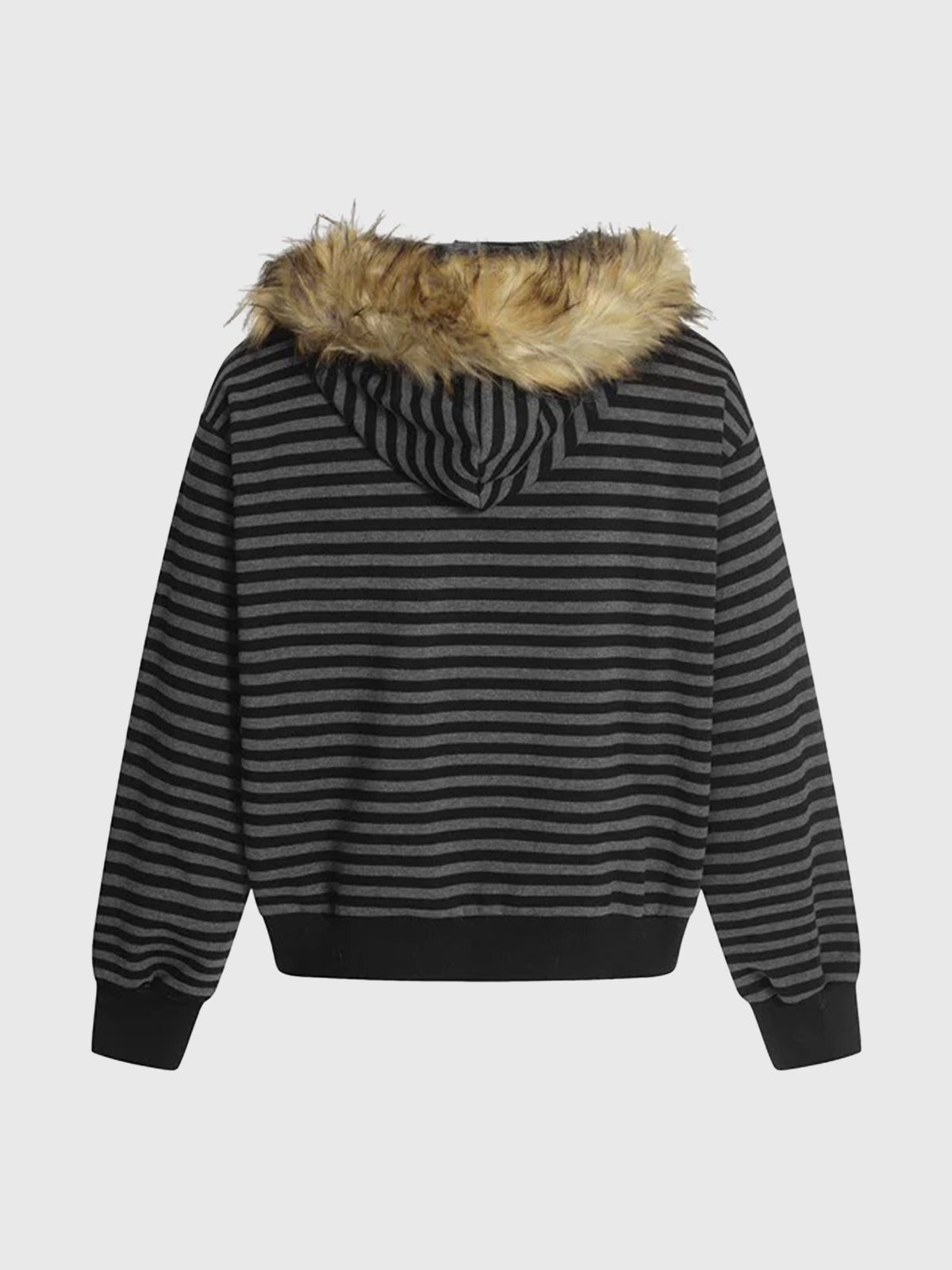 Co-ed Dorm Baggy Striped Faux-Fur Hooded Zip-up Hoodie - Black