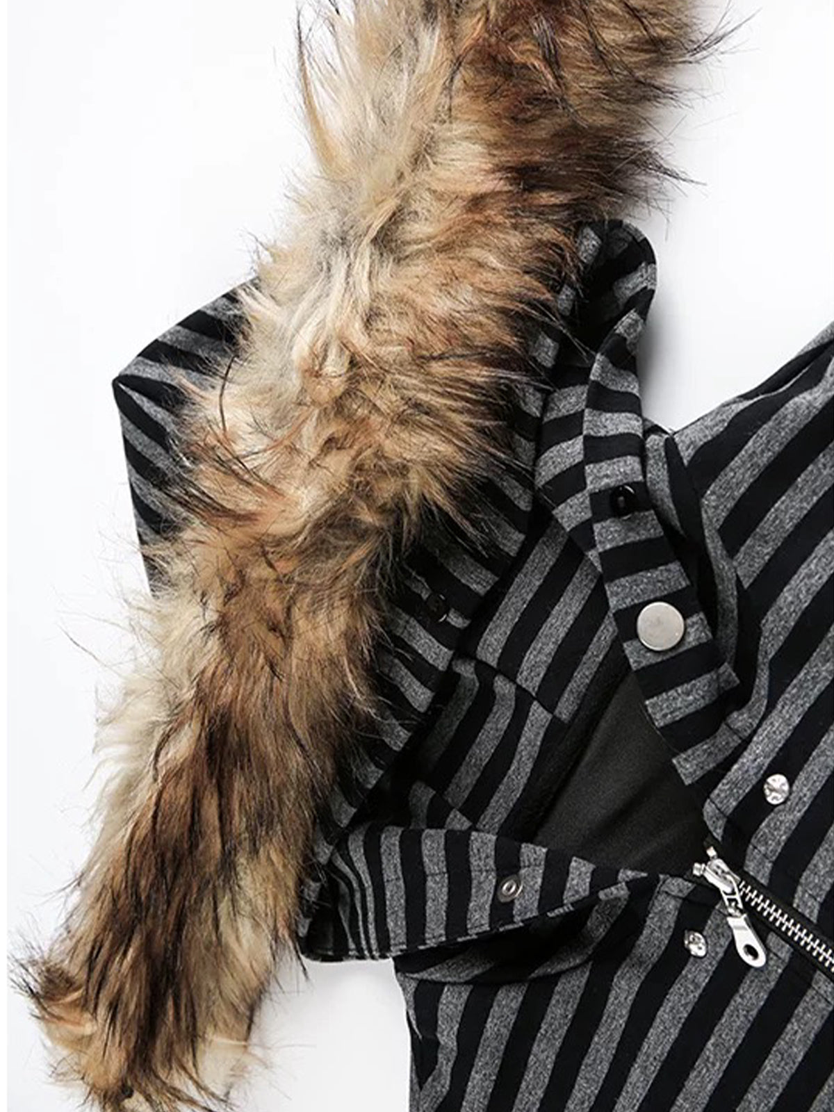 Co-ed Dorm Baggy Striped Faux-Fur Hooded Zip-up Hoodie - Black