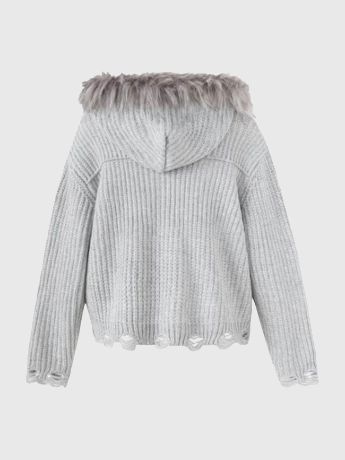 Co-ed Dorm Baggy Striped Faux-Fur Knit Hoodie - Grey