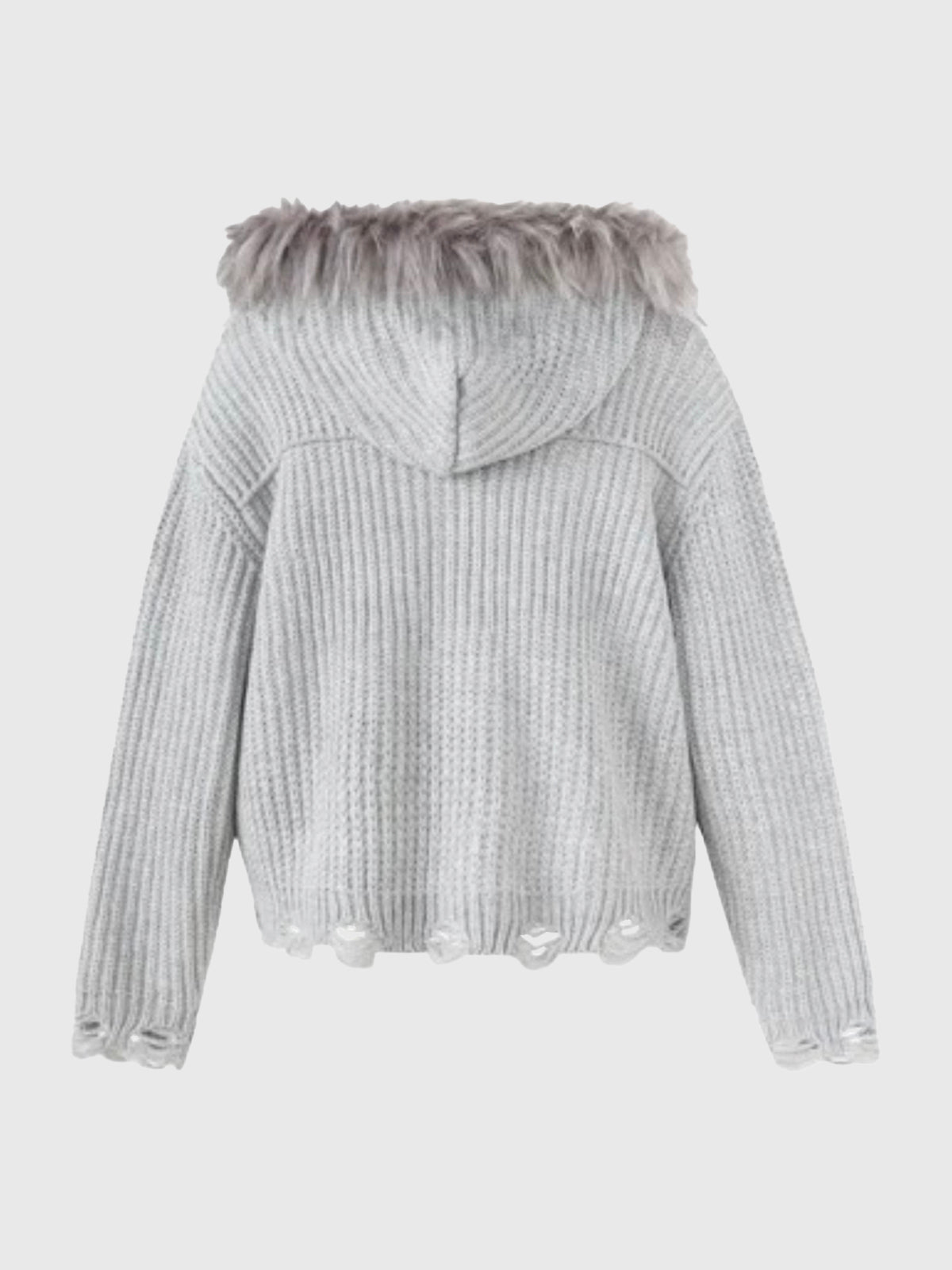 Co-ed Dorm Baggy Striped Faux-Fur Knit Hoodie - Grey
