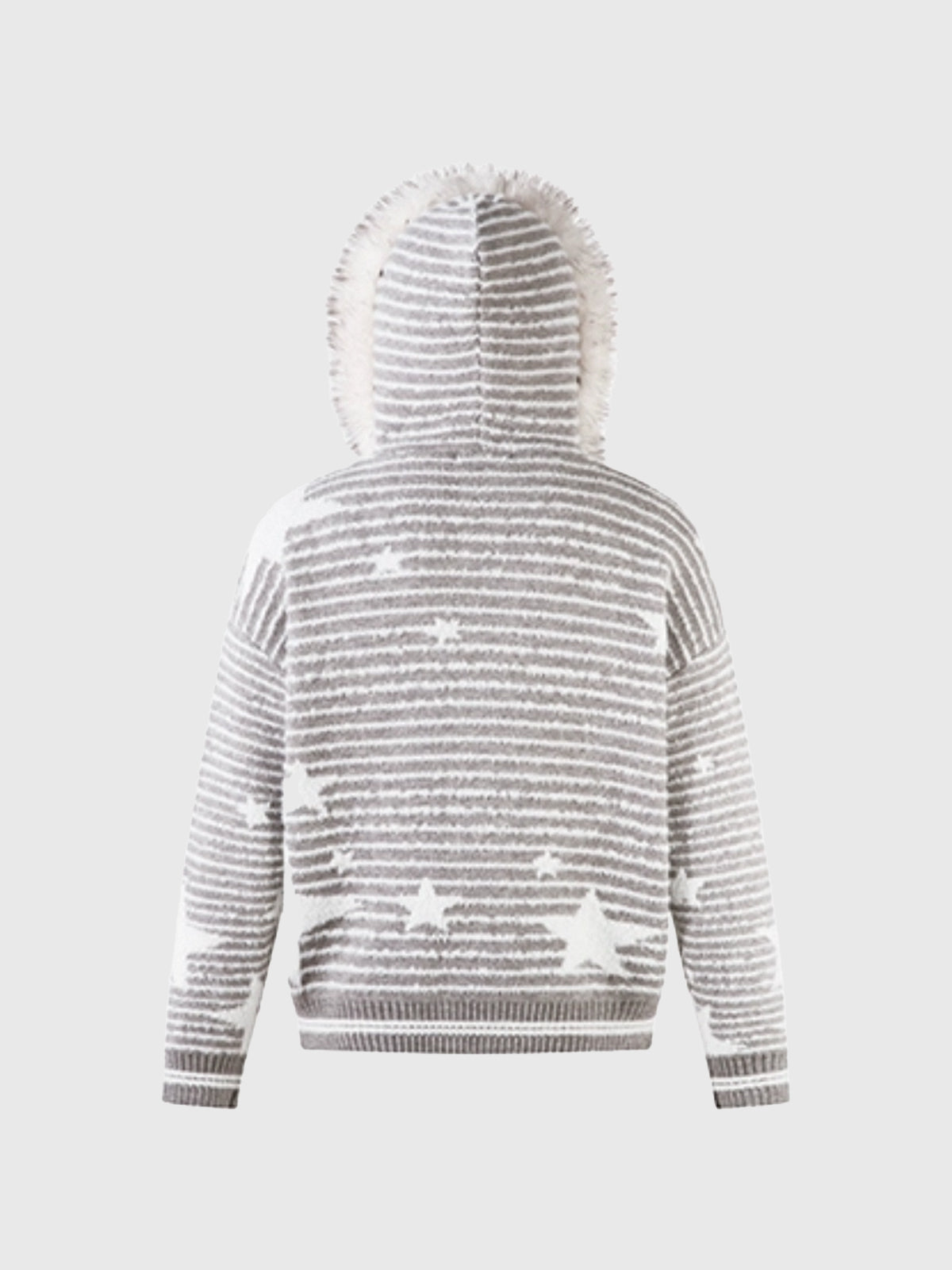 Co-ed Dorm Baggy Star Striped Faux-Fur Knit Hoodie - Grey